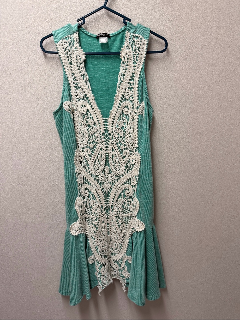 VENUS Mint Green Tank Dress with Cream Crochet Detail